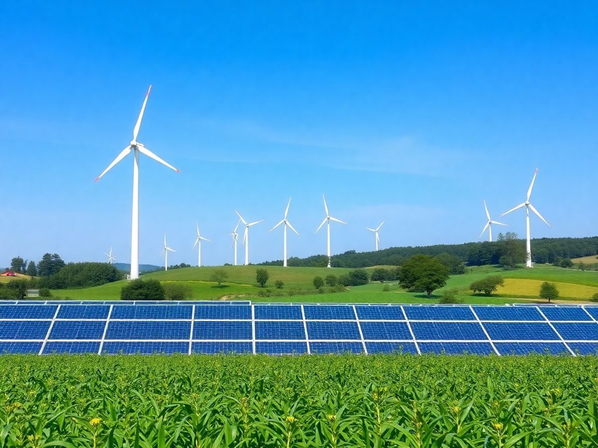 Peisaj cu turbine eoliene și panouri solare verzi.