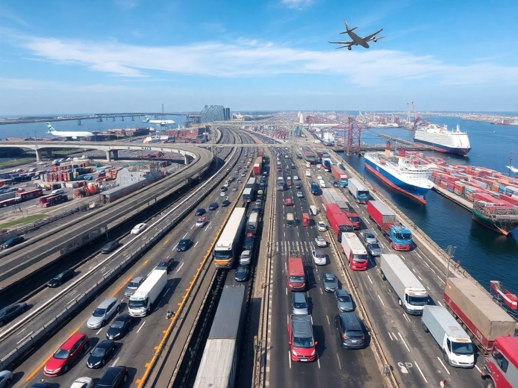 Mașini, camioane, trenuri, avioane și nave pe infrastructură.