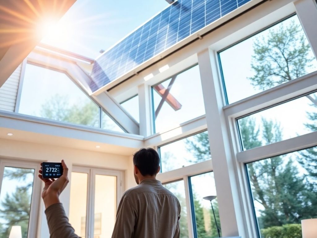 Casă modernă cu panouri solare și becuri economice aprinse.