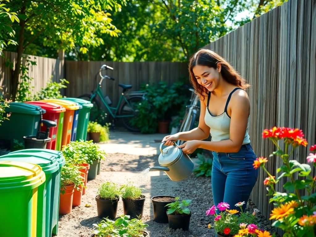 Persoană zâmbitoare plantează flori lângă coș de reciclare și bicicletă