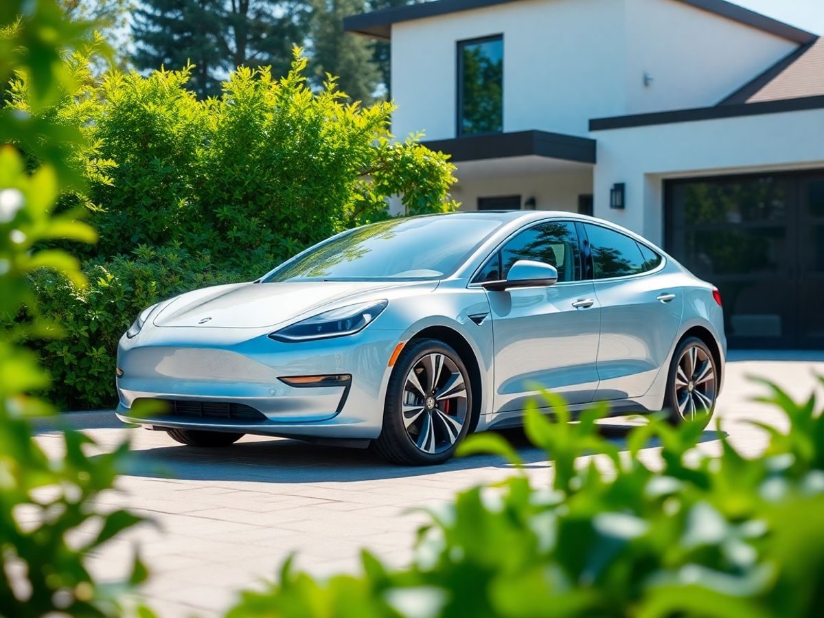 Mașină electrică modernă parcată în fața unei case.