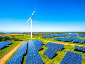 Turbine eolianși panouri solare sub cer senin.