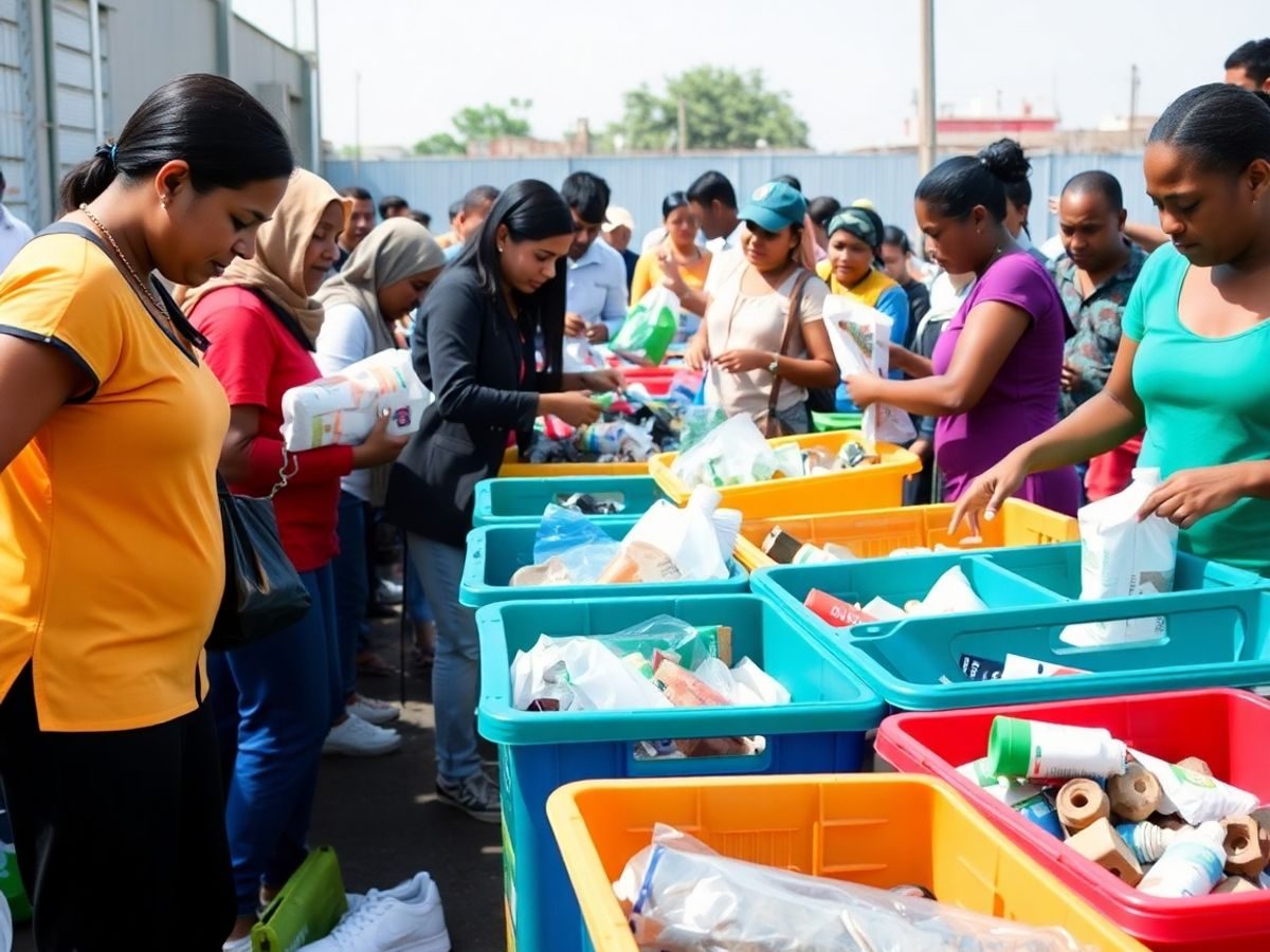 Grup de oameni sortând deșeuri în pubele colorate.