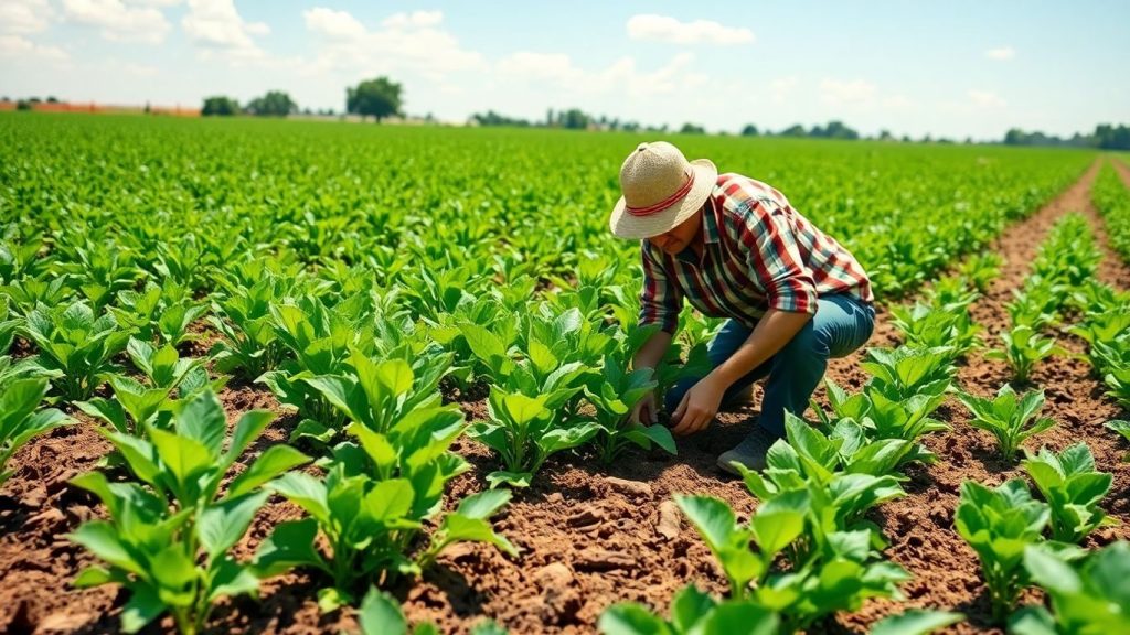 Fermier pe un câmp verde, soare, agricultură ecologică.