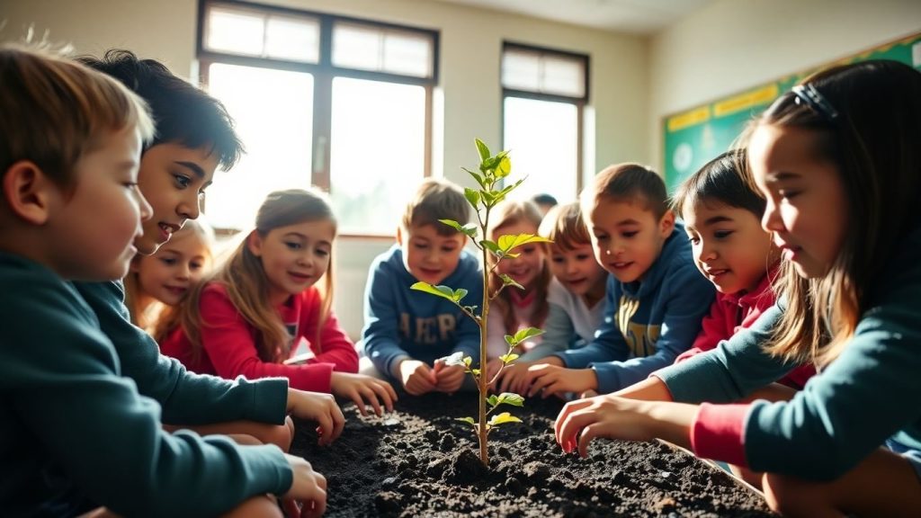 Copii plantează un copac în clasă.