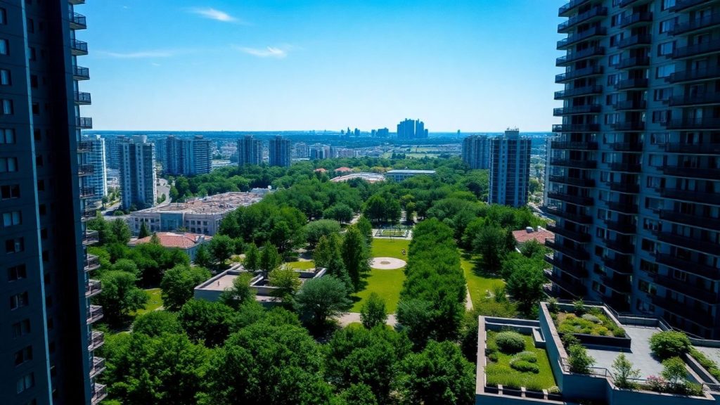 Oraș cu parcuri verzi, străzi cu copaci și grădini urbane.