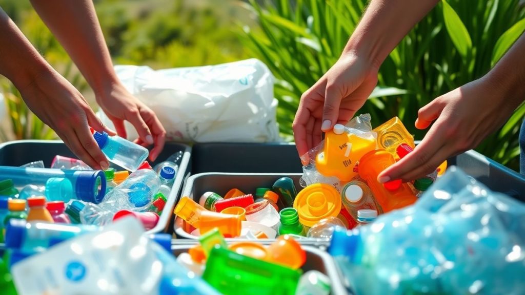 Mâini sortând materiale reciclabile în natură.